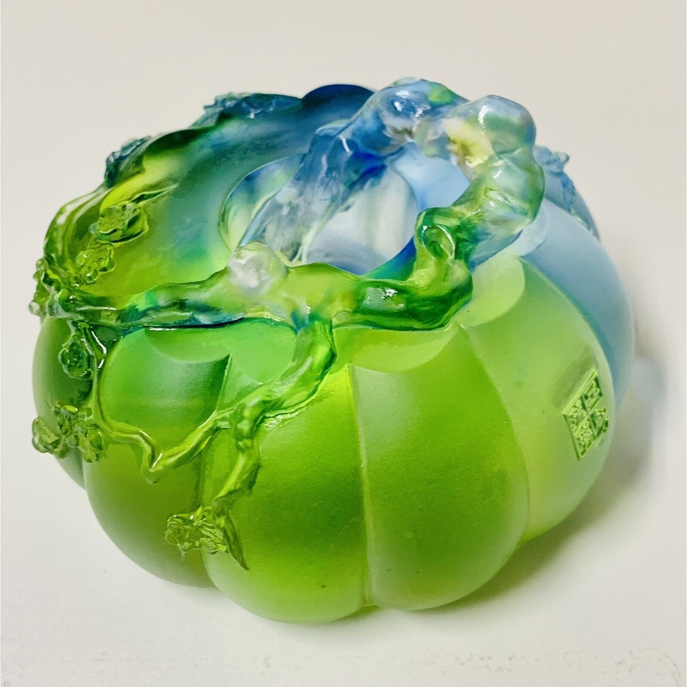 VTG '98 Liuligongfang Asian Green Blue Crystal Art Lotus Decorative Signed RARE! - Picture 2 of 12
